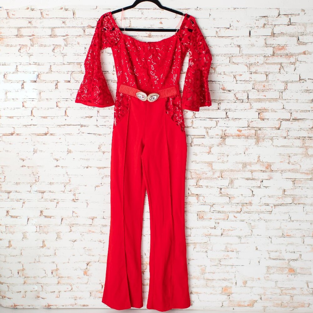 Valentine Red Lace Sequin Jumpsuit Small Bell Sleeve Wide Leg Rhinestone Belt
